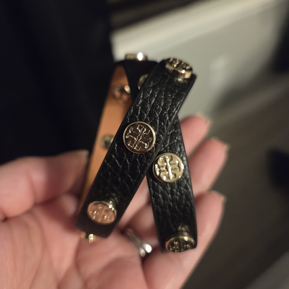 Tory Burch Black and Gold Leather Bracelet